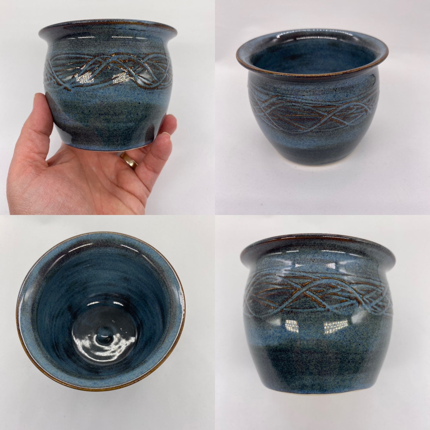 Hand thrown cup - stoned denim with carving