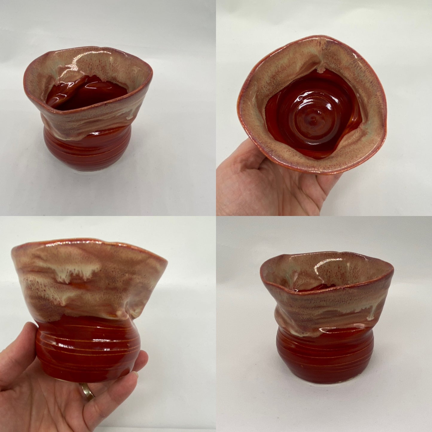 Small hand thrown wonky vase - cinnabar and light flux glaze